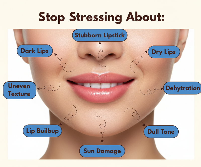 Diagram of lip issues and their solutions on a beige background